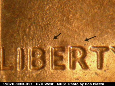 Die-stage B marker on 1987D•1MM•017 (1987 Repunched Mint Mark).