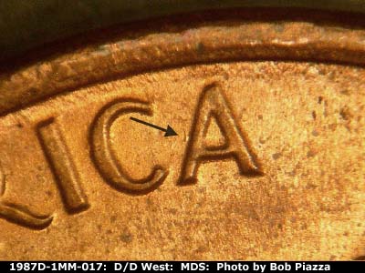 Die-stage B marker on 1987D•1MM•017 (1987 Repunched Mint Mark).