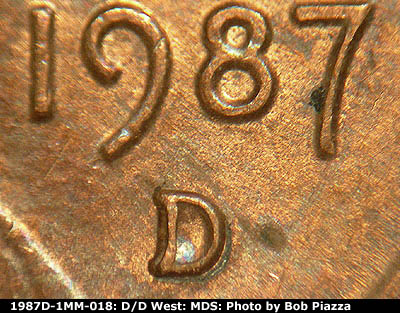 1987 Lincoln cent obverse, CopperCoins die 1987D•1MM•018.