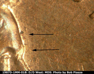 Die-stage B marker on 1987D•1MM•018 (1987 Repunched Mint Mark).
