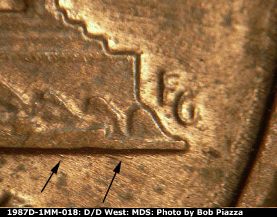 Die-stage B marker on 1987D•1MM•018 (1987 Repunched Mint Mark).