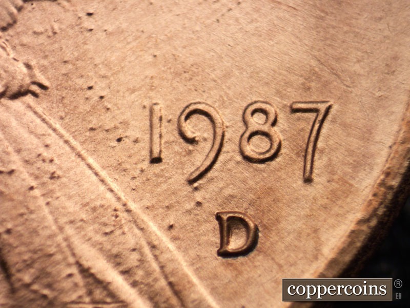 Die-stage B marker on 1987D•1MM•020 (1987 Repunched Mint Mark).