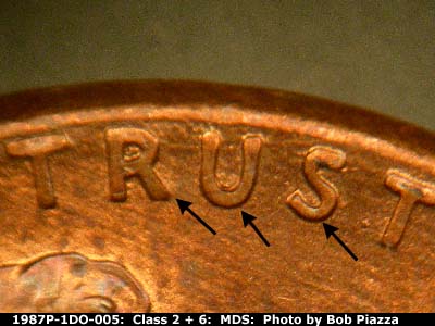 Die-stage B marker on 1987P•1DO•005 (1987 Doubled Die Obverse).