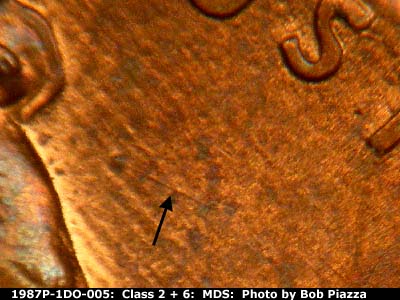 Die-stage B marker on 1987P•1DO•005 (1987 Doubled Die Obverse).
