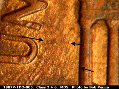 Die-stage B marker on 1987P•1DO•005 (1987 Doubled Die Obverse).