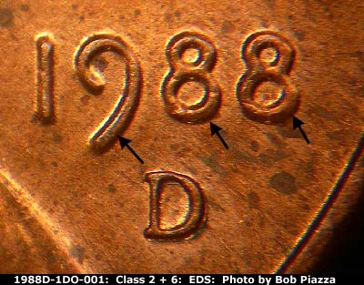Die-stage A marker on 1988D•1DO•001 (1988 Doubled Die Obverse).