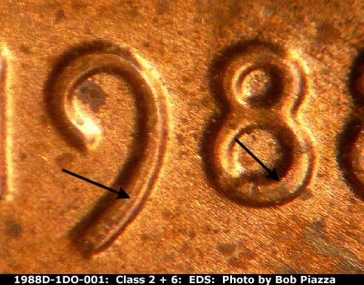 Die-stage A marker on 1988D•1DO•001 (1988 Doubled Die Obverse).