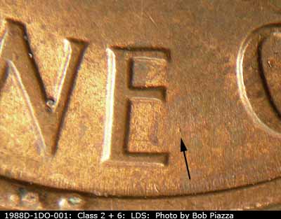 Die-stage C marker on 1988D•1DO•001 (1988 Doubled Die Obverse).