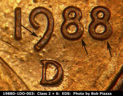 Die-stage A marker on 1988D•1DO•003 (1988 Doubled Die Obverse).