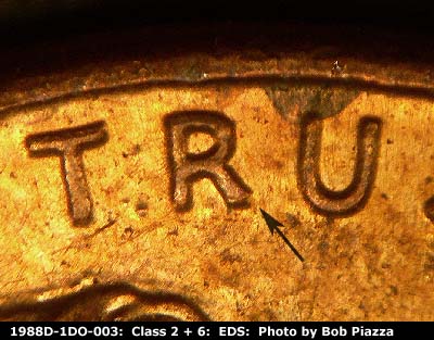 Die-stage A marker on 1988D•1DO•003 (1988 Doubled Die Obverse).