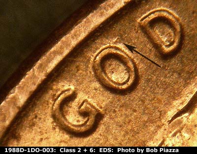 Die-stage A marker on 1988D•1DO•003 (1988 Doubled Die Obverse).