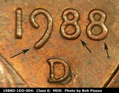 1988 Lincoln cent obverse, CopperCoins die 1988D•1DO•004.