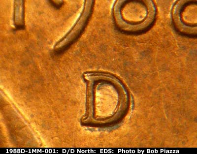 Die-stage A marker on 1988D•1MM•001 (1988 Repunched Mint Mark).