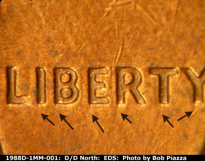 Die-stage A marker on 1988D•1MM•001 (1988 Repunched Mint Mark).