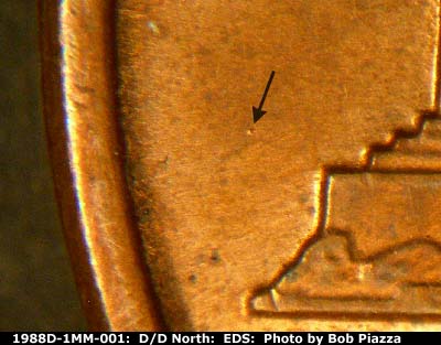 Die-stage A marker on 1988D•1MM•001 (1988 Repunched Mint Mark).