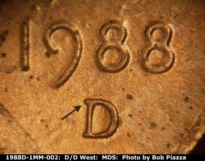 1988 Lincoln cent obverse, CopperCoins die 1988D•1MM•002.