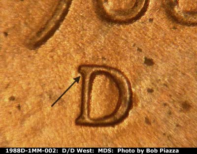 Die-stage B marker on 1988D•1MM•002 (1988 Repunched Mint Mark).