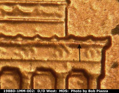 Die-stage B marker on 1988D•1MM•002 (1988 Repunched Mint Mark).