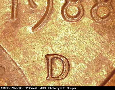 1988 Lincoln cent obverse, CopperCoins die 1988D•1MM•003.
