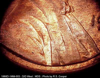 Die-stage B marker on 1988D•1MM•003 (1988 Repunched Mint Mark).