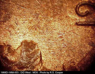 Die-stage B marker on 1988D•1MM•003 (1988 Repunched Mint Mark).