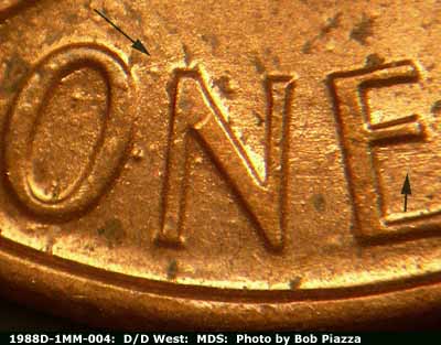 Die-stage B marker on 1988D•1MM•004 (1988 Repunched Mint Mark).