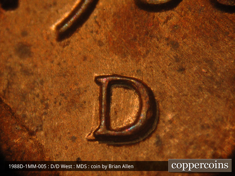 1988 Lincoln cent obverse, CopperCoins die 1988D•1MM•005.