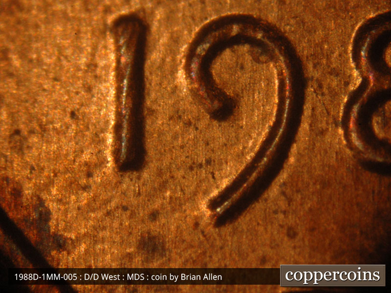 Die-stage B marker on 1988D•1MM•005 (1988 Repunched Mint Mark).