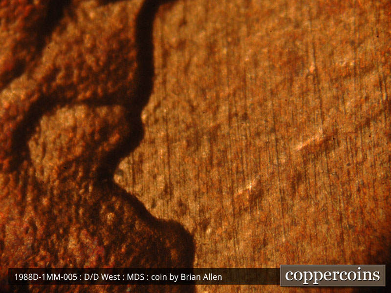 Die-stage B marker on 1988D•1MM•005 (1988 Repunched Mint Mark).