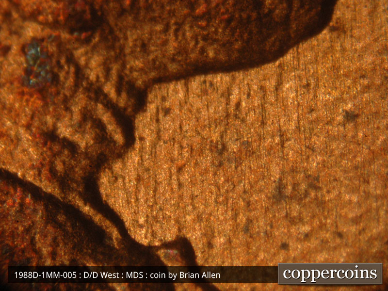 Die-stage B marker on 1988D•1MM•005 (1988 Repunched Mint Mark).
