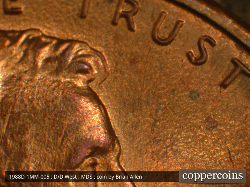 Die-stage B marker on 1988D•1MM•005 (1988 Repunched Mint Mark).