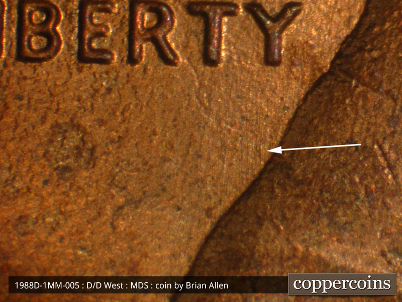Die-stage B marker on 1988D•1MM•005 (1988 Repunched Mint Mark).