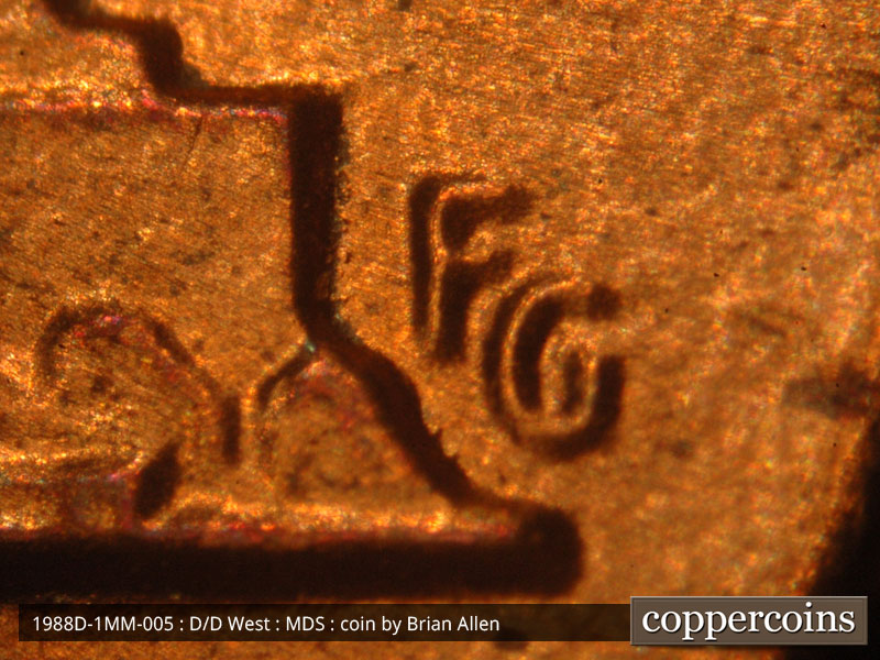 Die-stage B marker on 1988D•1MM•005 (1988 Repunched Mint Mark).
