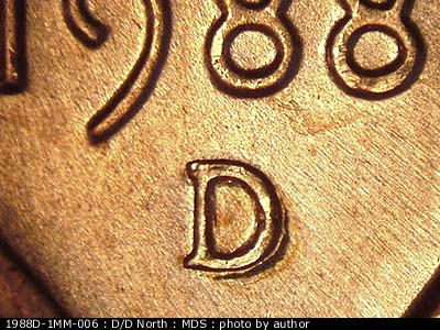 1988 Lincoln cent obverse, CopperCoins die 1988D•1MM•006.