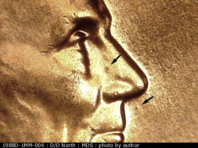 Die-stage B marker on 1988D•1MM•006 (1988 Repunched Mint Mark).
