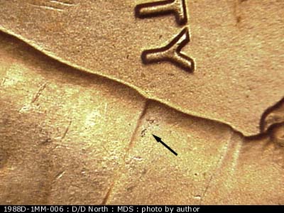 Die-stage B marker on 1988D•1MM•006 (1988 Repunched Mint Mark).