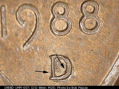 1988 Lincoln cent obverse, CopperCoins die 1988D•1MM•007.