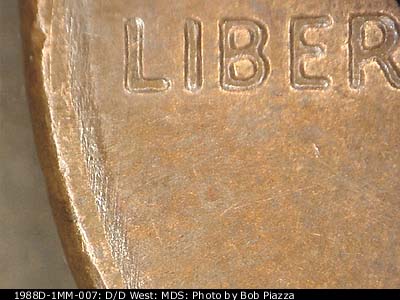 Die-stage B marker on 1988D•1MM•007 (1988 Repunched Mint Mark).