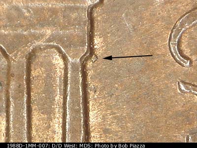 Die-stage B marker on 1988D•1MM•007 (1988 Repunched Mint Mark).
