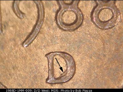 1988 Lincoln cent obverse, CopperCoins die 1988D•1MM•009.