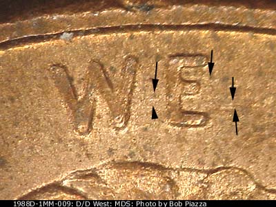 Die-stage B marker on 1988D•1MM•009 (1988 Repunched Mint Mark).