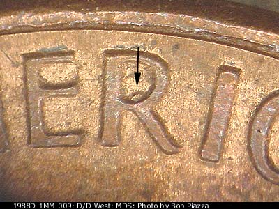 Die-stage B marker on 1988D•1MM•009 (1988 Repunched Mint Mark).