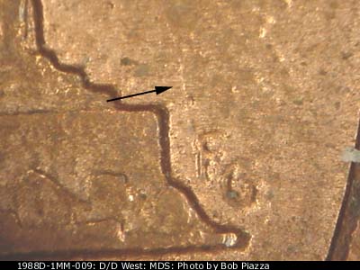 Die-stage B marker on 1988D•1MM•009 (1988 Repunched Mint Mark).