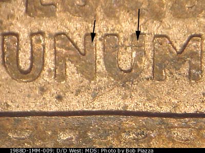 Die-stage B marker on 1988D•1MM•009 (1988 Repunched Mint Mark).