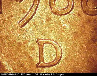 Die-stage C marker on 1988D•1MM•010 (1988 Repunched Mint Mark).