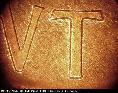 Die-stage C marker on 1988D•1MM•010 (1988 Repunched Mint Mark).