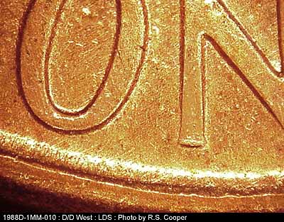Die-stage C marker on 1988D•1MM•010 (1988 Repunched Mint Mark).