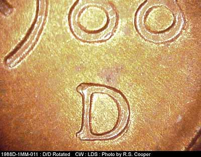 Die-stage C marker on 1988D•1MM•011 (1988 Repunched Mint Mark).