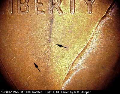 Die-stage C marker on 1988D•1MM•011 (1988 Repunched Mint Mark).