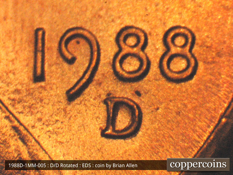 Die-stage B marker on 1988D•1MM•012 (1988 Repunched Mint Mark).